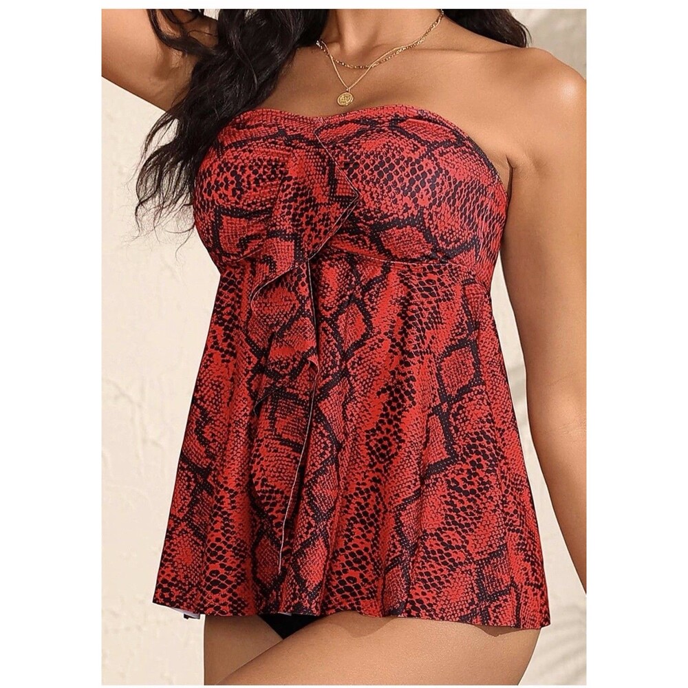 ROSEWE Two Piece Tankini Bathing Suit Halter Flyaway Swimsuit snake skin red XL